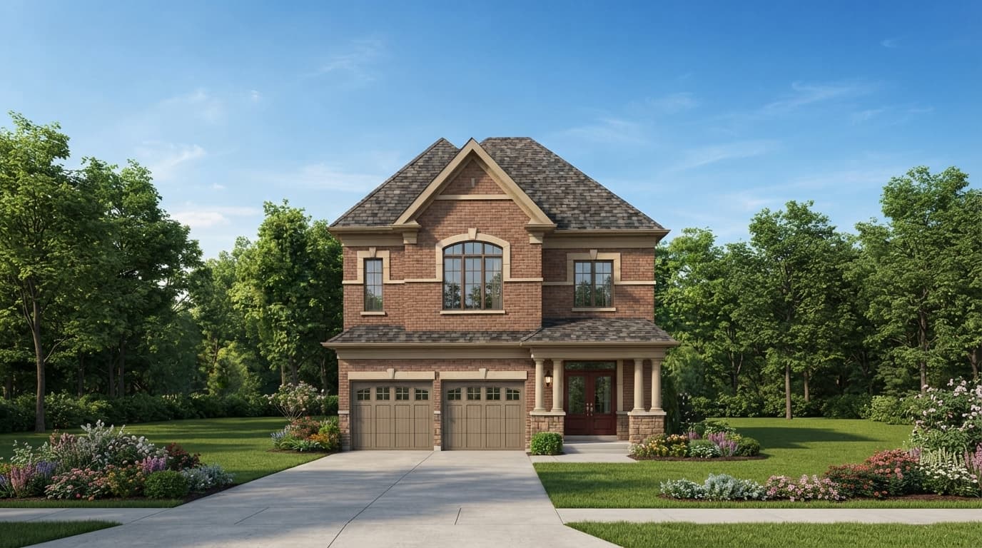 Illustrative rendering of a detached home with a stone façade and landscaped front garden