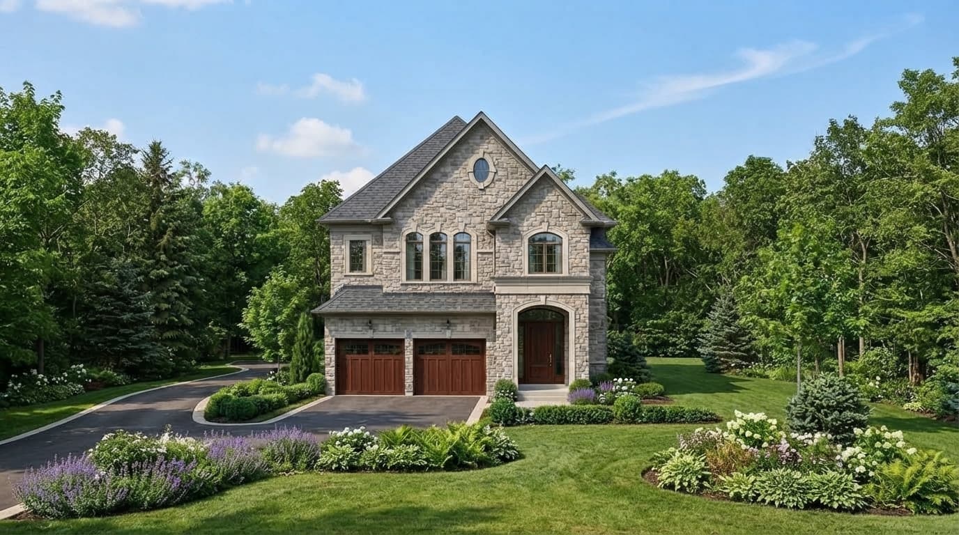 Illustrative rendering of a stone detached home surrounded by landscaped gardens